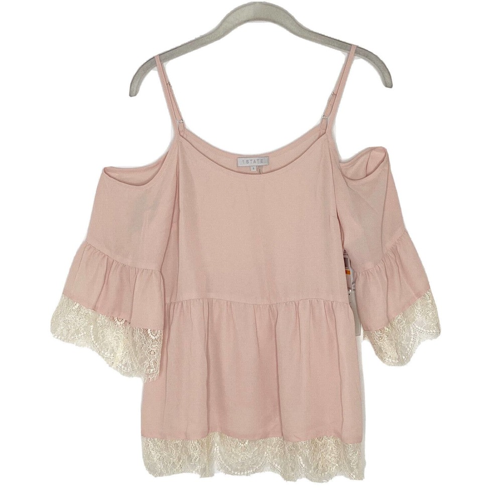 1.State Cloud Pink Chiffon Cold-Shoulder Lace-Trim Top Blouse Size S New D5